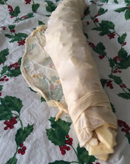 And here it is all rolled up!  Now to find a baking sheet big enough for it. Hmmm....